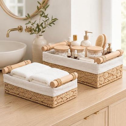 Wicker Bathroom Baskets Set of 2 with Linen Liner & Wooden Handles – Paper Rope Storage Baskets for Shelves, Bathroom Counter, Vanity & Farmhouse Décor