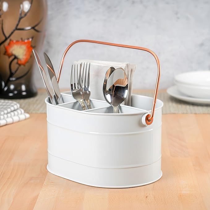 Red Co. 10" x 7" Enameled Metal Utensil Caddy & Countertop Flatware Organizer with Handle, Farmhouse White/Rose Gold