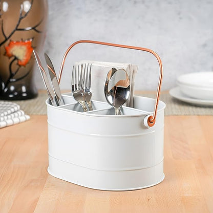 Red Co. 10" x 7" Enameled Metal Utensil Caddy & Countertop Flatware Organizer with Handle, Farmhouse White/Rose Gold