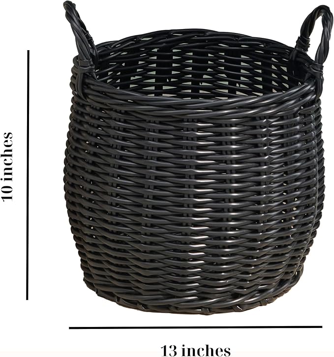 Isidore Round Resin Woven Basket with Handles | Multi-Purpose Organizer for Halloween & Thanksgiving Storage, Laundry, and More (13" x 13" x 10.2" - Black)