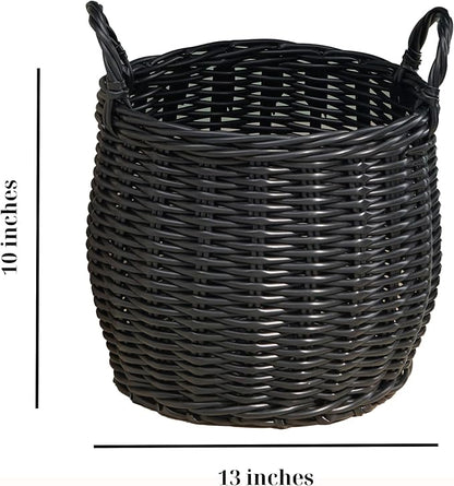 Isidore Round Resin Woven Basket with Handles | Multi-Purpose Organizer for Halloween & Thanksgiving Storage, Laundry, and More (13" x 13" x 10.2" - Black)
