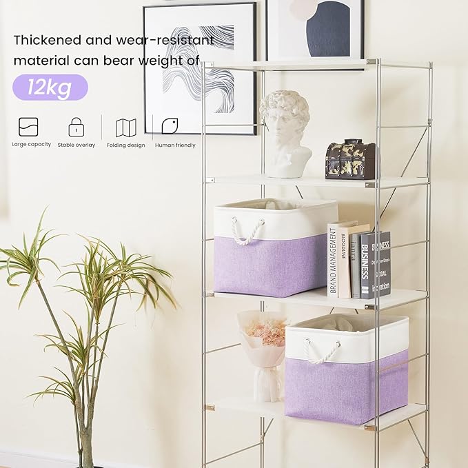 Large Storage Baskets- 16x12x12 inch Storage Bins for Shelves and Closet Organizing, Foldable Fabric Bin for Home Organization Clothes and Laundry (1-Pack, White&Purple)