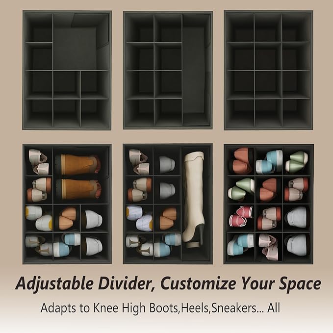 2 Pack Storage Ottoman Shoe Organizer for Closet - Adjustable Dividers Storage Box for Shoes | Clothes | Toy | Blanket, Foldable Foot Stool Small Bench Shoe Cabinet for Living Room & Bedroom