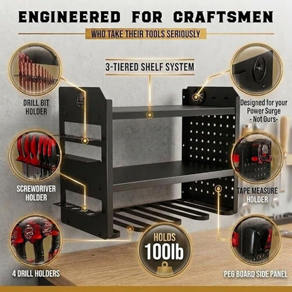 BUILTSTRONG Power Tool Organizer Wall Mount – 3-Tier Heavy-Duty Steel Rack, 4 Drill Slots, Pegboard + Utility Side, 100 lb Capacity – Garage, Workshop & Shed Storage (Black)