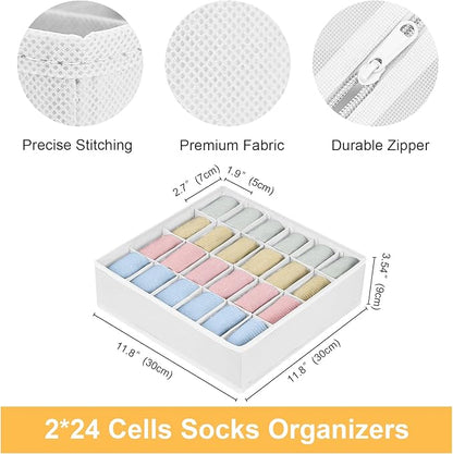 Joyoldelf Sock Organizer Drawer Organizer - 2 Packs Underwear Organizer, 48 Cells Collapsible Closet Organizers and Storage Sock Holders Organizers for Storing Socks, Ties, Belts(White)