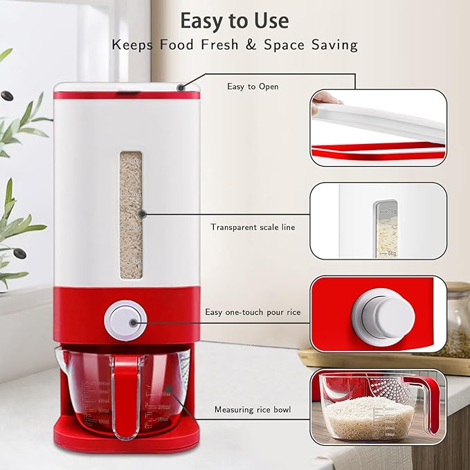 Lenwi 22-25 Lbs Rice Dispenser, Large Cereal Dry Food Storage Containers with Measuring Cup, BPA-Free Household for Kitchen Pantry Organization-Red