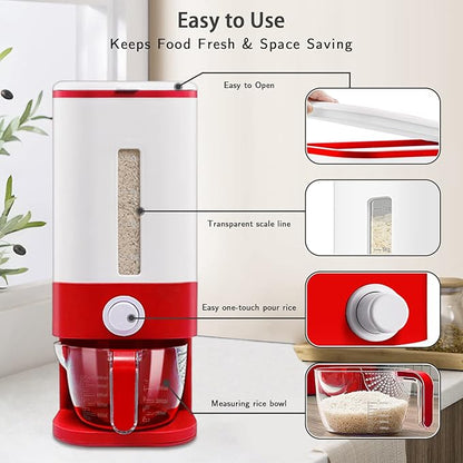 Lenwi 22-25 Lbs Rice Dispenser, Large Cereal Dry Food Storage Containers with Measuring Cup, BPA-Free Household for Kitchen Pantry Organization-Red