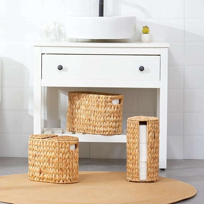 Toilet Paper Basket with Lid for 6 Rolls, Water Hyacinth Wicker Toilet Paper Storage Holder, Toilet Paper Storage for Bathroom