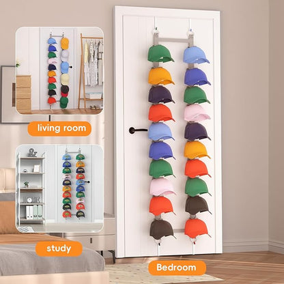 Over the Door Hat Organizer, Adjustable Hat Rack for Door with 20 Clips on 2 Straps Holds 40 Caps, No-Drill Hat Organizer for Baseball Caps, Fits Bedroom Closet Door (Gray)