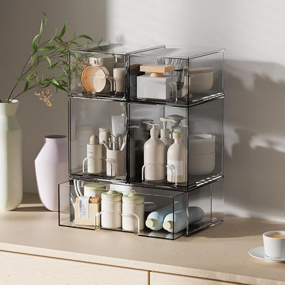 5 Pack Stackable Storage Drawers, Clear Plastic Organizer Bins with Pull-out Handle for Makeup, Ideal for Vanity, Bathroom, Undersink, Cabinet, Pantry Organization