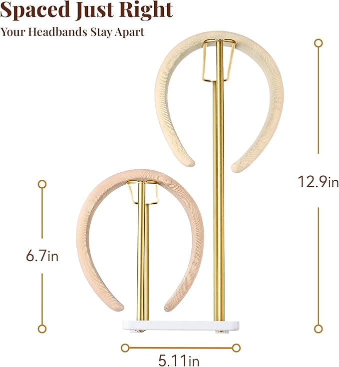 pickpiff Headband Holder Organizer Metal 2-Tier with Tray: Hair Accessories Display Stand Storage, Purse Charms Key Rings Rack Necklace Stand Home Bedroom for Girls Women, Gold