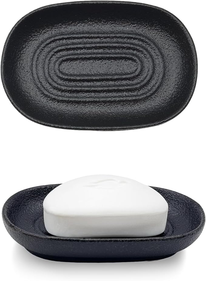 Ceramic Soap Dish for Bathroom & Kitchen Sink- Black Matte Textured Finish Bar Soap Holder for Shower - Easy to Clean Small Simple Oval Soap Dishes Holders for Bar Soaps, Sponges, Jewelry