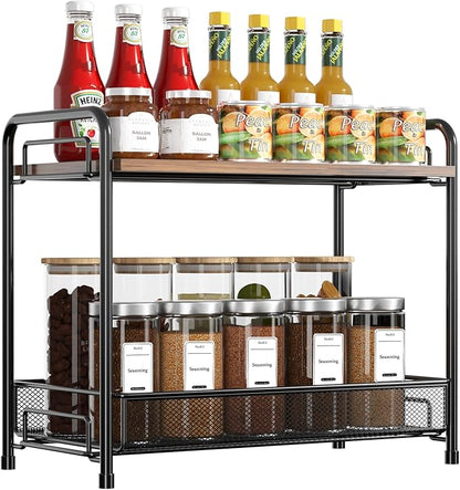 Spice Rack Organizer for Countertop with Wood Top, 2-Tier Foldable Metal Rust-Proof Standing Large Seasoning Storage Shelf with Guardrail & Mesh Design for Kitchen Cabinet Living Room, Black