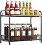 Spice Rack Organizer for Countertop with Wood Top, 2-Tier Foldable Metal Rust-Proof Standing Large Seasoning Storage Shelf with Guardrail & Mesh Design for Kitchen Cabinet Living Room, Black