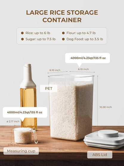 4L Airtight Rice Storage Container with 130ml Measuring Cup - BPA-Free PET Food Storage Bin for Flour, Cereal, and Pantry Organization - 4.2 Qt