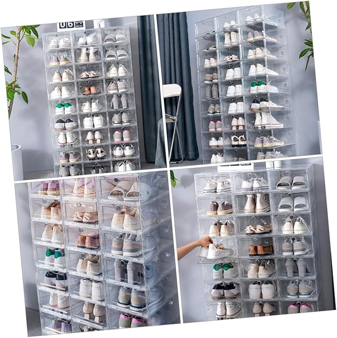 4pcs Folding Storage Boxes Lids Stackable Shoe Organizers Shoe Storage Space-saver for Home