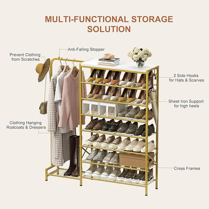 Shoe Rack with Coat Rack, 8 Tier Tall Shoe Storage Organizer with Hooks, 3-in-1, Wooden Top Shelf, Sturdy Frame, Metal Clothes Hanger Stand for Entryway, Closet, Gold
