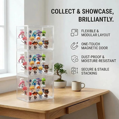 Stackable Acrylic Figure Display Case with Magnetic Door - Clear Showcase, 3-Tier Removable Stand, Dustproof Storage for Mini Figures & Blind Boxes (10.6 x 7.1 x 8.7 In)