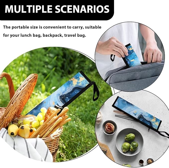 COEQINE Portable Utensil Case Fashion Marble Travel Frok Spoon Knife With Case Keychain Travel Accessories Lightweight Leafproof With Zipper 11.8 x 2.7 inch