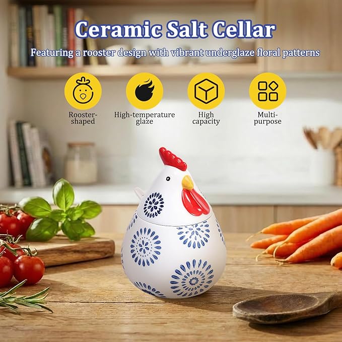 Ceramic Salt Cellar with Lid and Spoon,17oz Large Chicken Rooster Cookie Jar Salt Containers Holder for Countertop Spices,Cute Farmhouse Kitchen Decor,Spice Jar for Coffee,Sugar,Spices,Candies (#D)