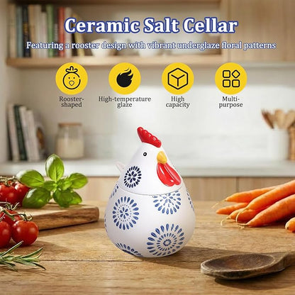 Ceramic Salt Cellar with Lid and Spoon,17oz Large Chicken Rooster Cookie Jar Salt Containers Holder for Countertop Spices,Cute Farmhouse Kitchen Decor,Spice Jar for Coffee,Sugar,Spices,Candies (#D)