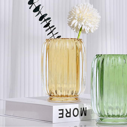 DASITON Makeup Brush holder Organizer,Crystal Cosmetic Makeup Brush Glass Brushes Storage Holder, Vintage Make Up Brush Cup striped vase(Amber)