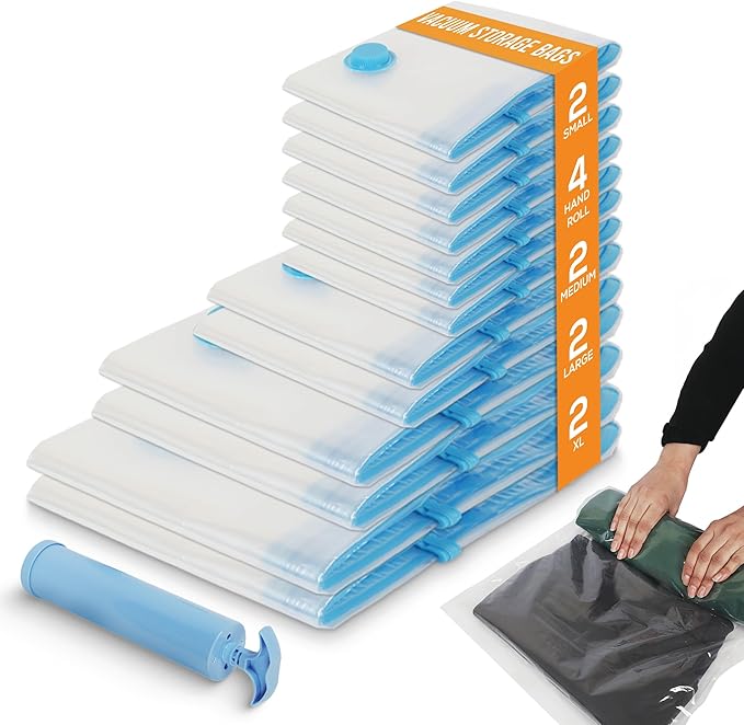 Yan & Hin Vacuum Storage Bags for Clothes, Space Saver Bags for Closet Organization,Clothing Storage, (2 Jumbo/2 Large/2 Medium/2 Small /4 Travel Compression Bags) with Hand Pump (12 Combo)