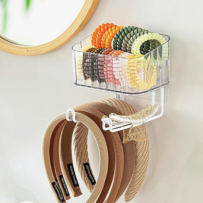 Adhesive Clear Hanging Headband Organizer Wall, Makeup Storage Box with Brackets Rack Caddy for Hair Headband Jewelry Clips Pins Rings