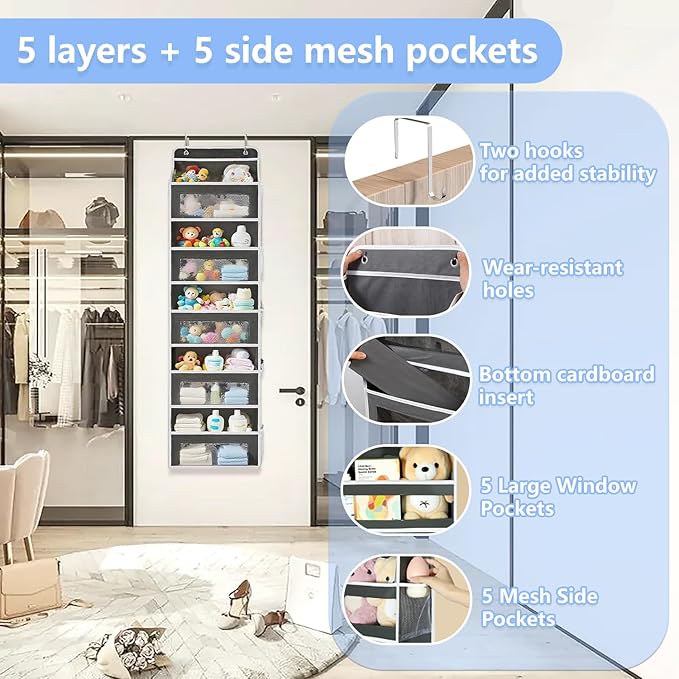 Over the Door Organizer with 5 Front Pockets and 5 Mesh Side Pockets,Extra Large Hanging Organizer for Over the Door Storage in Bedroom, Bathroom,Pantry, Nursery (Black)