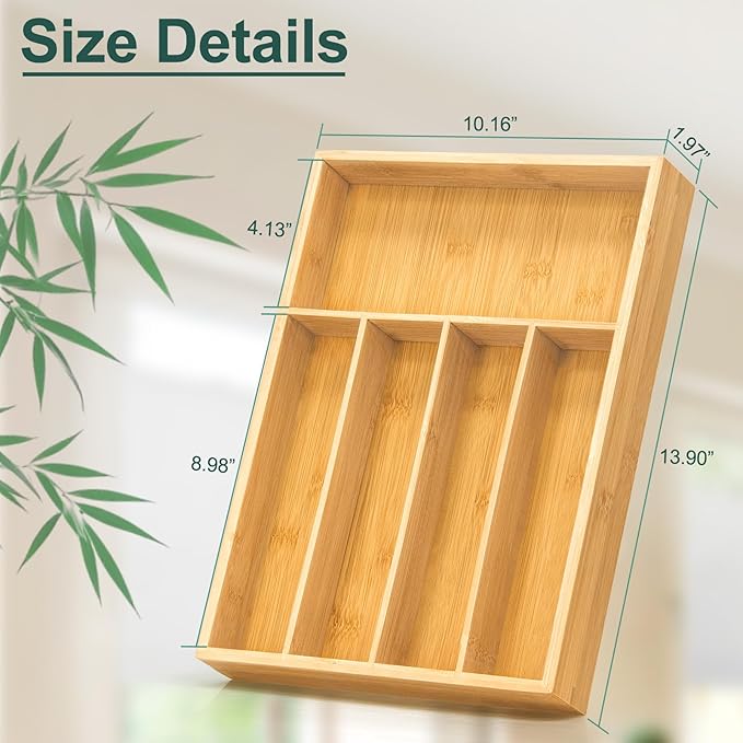 Silverware Drawer Storage, 5-Compartment Bamboo Cutlery Rack, Kitchen Cutlery Storage Box