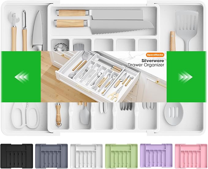 SpaceHacks Silverware Organizer，Adjustable & Expandable Utensil Drawer Organizer, BPA Free Utensil Holder, Cutlery Tray for Forks, Spoons, Knives in Kitchen, Large, White