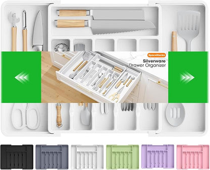 SpaceHacks Silverware Organizer，Adjustable & Expandable Utensil Drawer Organizer, BPA Free Utensil Holder, Cutlery Tray for Forks, Spoons, Knives in Kitchen, Large, White