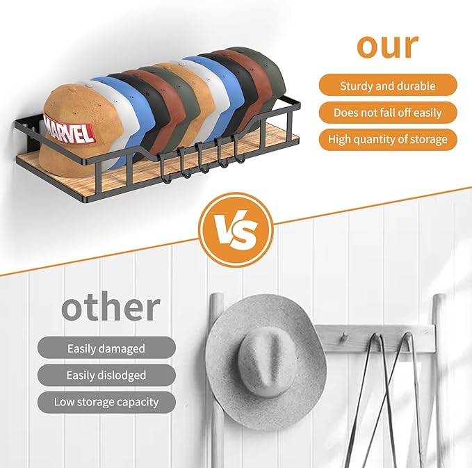 Natural Wood Hat Racks for Baseball Caps Peaked Caps Wall Hat Organizer Fit 40 Caps Holder, 2 Packs Sturdy Wall Mounted Snapback Storage Organizer, Black