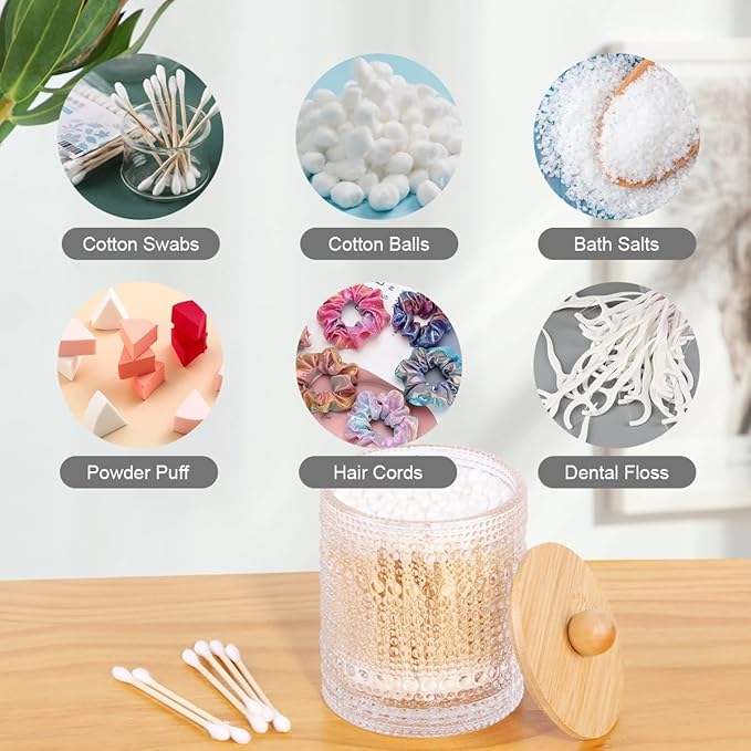 Bathroom Qtip Holder Set,Glass Apothecary Jars with Lids,Bamboo Cotton Ball Holder,Clear Cotton Swab Holder,Bathroom Vanity Storage Organizer Jars for Round,Bath Salts,Candy,Jewelry (Nail)