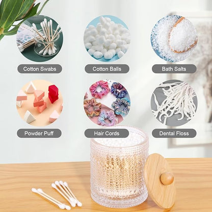 Bathroom Qtip Holder Set,Glass Apothecary Jars with Lids,Bamboo Cotton Ball Holder,Clear Cotton Swab Holder,Bathroom Vanity Storage Organizer Jars for Round,Bath Salts,Candy,Jewelry (Nail)