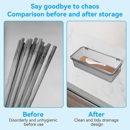 2PCS Silverware Organizer with Lid, Silverware Tray with Drainer Kitchen Cutlery Tray and Utensil Storage Container to Keeps Your Cutlery Organized (Grey)