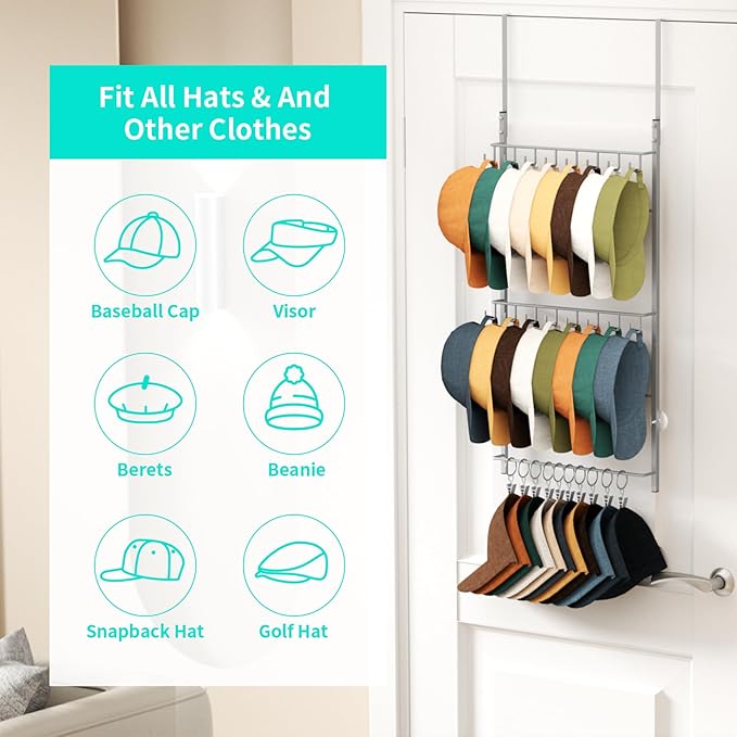 HapiRm Over Door Hat Rack - 3 Tier Wall Mounted Hat Organizer with 16 Hooks and 10 Movable Clips, Cap Hanger Storage up to 26 Caps for Door, Bedroom, Closet USPTO Patent Pending（Silver）