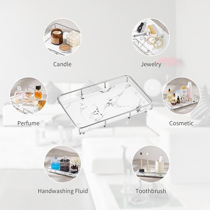 Dobbyby Vanity Tray Makeup Organizer Cosmetics Storage Bathroom Skincare Organizer Countertop Display Rack in Dresser Stainless Steel Shelf Marble Print Ceramic Trays