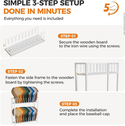 Cinati 2-Tier Hat Organizer for Baseball Caps, 18 Capacity Freestanding Baseball Cap Rack, Metal & Wood Hat Storage for Closet Entryway Bedroom, Black Cap Holder Stand, Gifts for Men Dad
