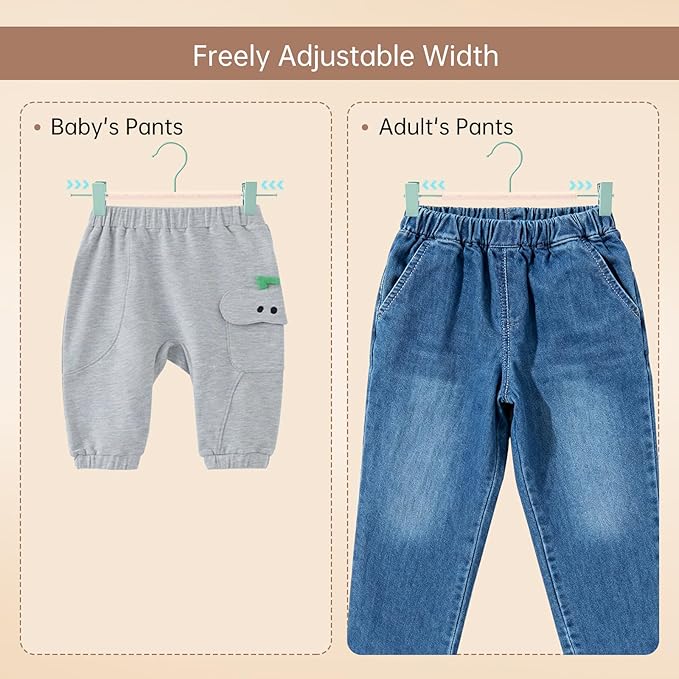 Wooden Pants Hangers with Clips 12 Pack, Heavy Duty Adjustable Clip Non Slip Skirt Hanger for Jeans, Trousers, Short, Clothes, Space Saving Closet Organizer (Green, 12 Pack)