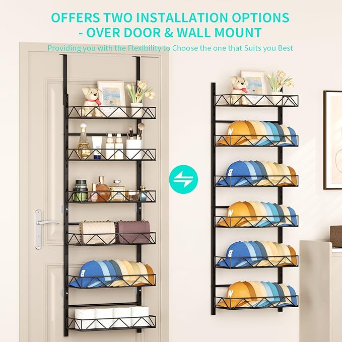 HapiRm Over the Door Hat Organizer - 6 Tier Wall Mounted Hat Rack with 6 Adjustable Metal Basket, Baseball Caps Organizer Storage Holds up to 60 Caps for Door, Bedroom, Closet (Black)