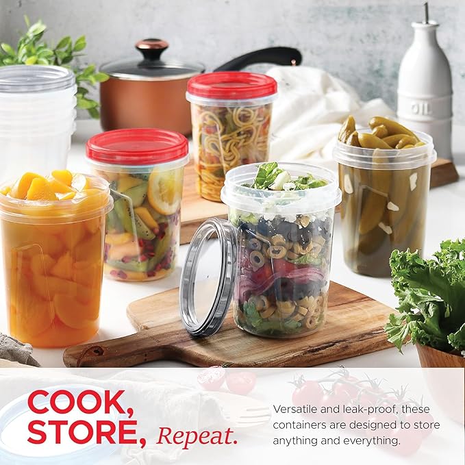 Tafura 10 Pack Leakproof Freezer Containers for Food with Twist Top Lids - 32 Oz BPA Free - Black/Red Lids