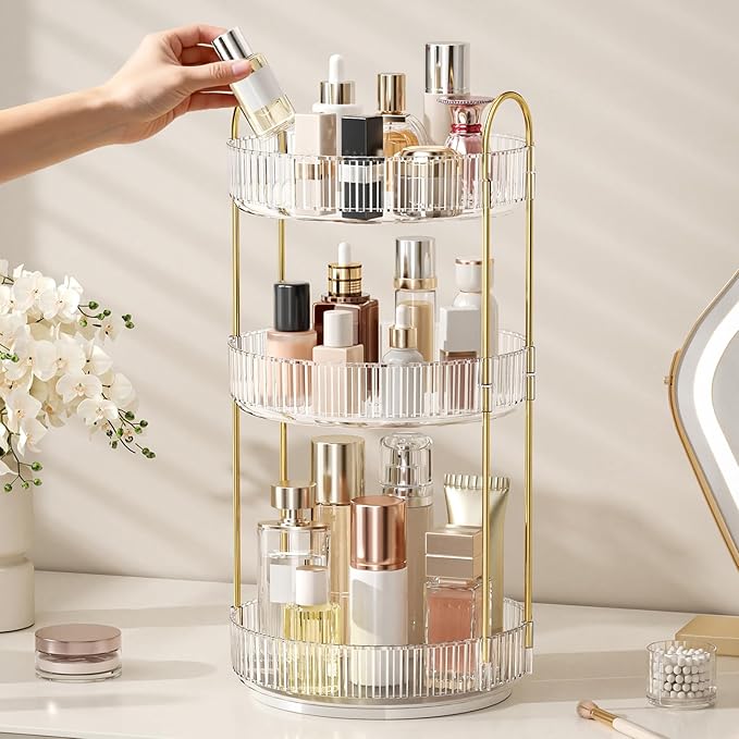 Oifecsie 360° Rotating Makeup Organizer, Large Capacity SkinCare Organizer, 3 Tier Cosmetic Skin Care Perfume Dresser Organizer, Fits Cosmetics, Perfume, Skin Care, Lipstick