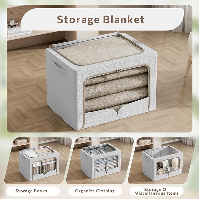 FHSQX 3 Pack Clothes Storage Bins - Foldable Metal Frame Storage Box - Stackable Linen Fabric Container Organizer Set with Carrying Handles and Clear Window (Light Gray, 19.7x15.7x13inch(66L))