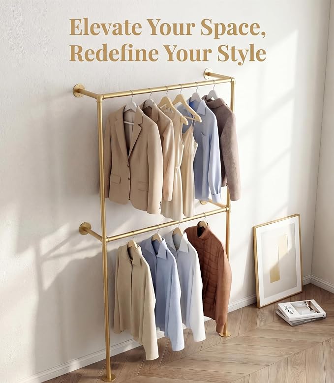 Gold Clothing Racks Wall Mount Clothes Rack, Heavy Duty Industrial Pipe Clothing Rack Retail Display Hanging Rod for Closet Storage, Laundry Room(Gold)