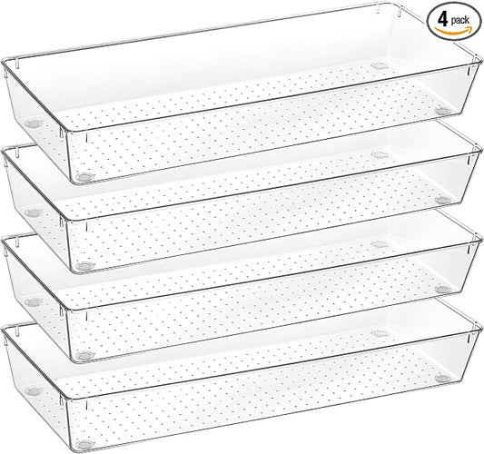 Vtopmart 4 Pack 15" X 6" Kitchen Drawer Organizers, Clear Plastic Drawer Organizer Tray, Storage Bins for Flatware, Silverware, Utensil, Cutlery