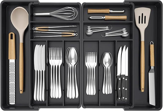 Lifewit Silverware Drawer Organizer, Expandable BPA Free Plastic Utensil Tray for Kitchen, Adjustable Flatware Cutlery Holder for Spoons Forks Knives, 18- 28 x 16.7", Black