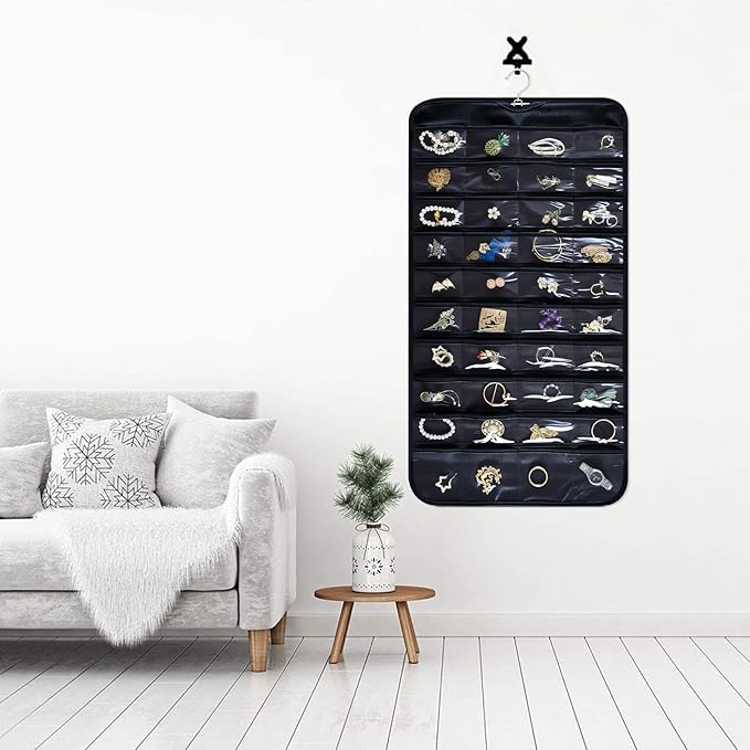 Hanging Jewelry Organizer Storage Roll with Hanger Metal Hooks Double-Sided Jewelry Holder for Necklaces, Earrings, Rings on Door, Wall, Closet, 80 Pocket Organizer,Black