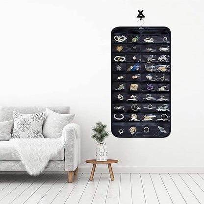 Hanging Jewelry Organizer Storage Roll with Hanger Metal Hooks Double-Sided Jewelry Holder for Necklaces, Earrings, Rings on Door, Wall, Closet, 80 Pocket Organizer,Black