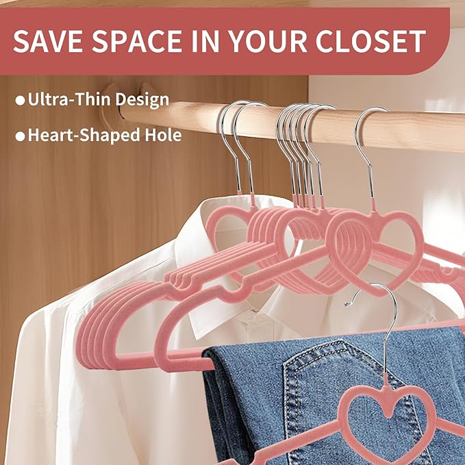 50 Pack Velvet Pink Hangers, Cute Heart Clothes Hangers with 360 Degree Swivel Hook, Non-Slip Thin Felt Hanger for Adult, Coat, Dress, Shirt, Jacket, Pants in Closet